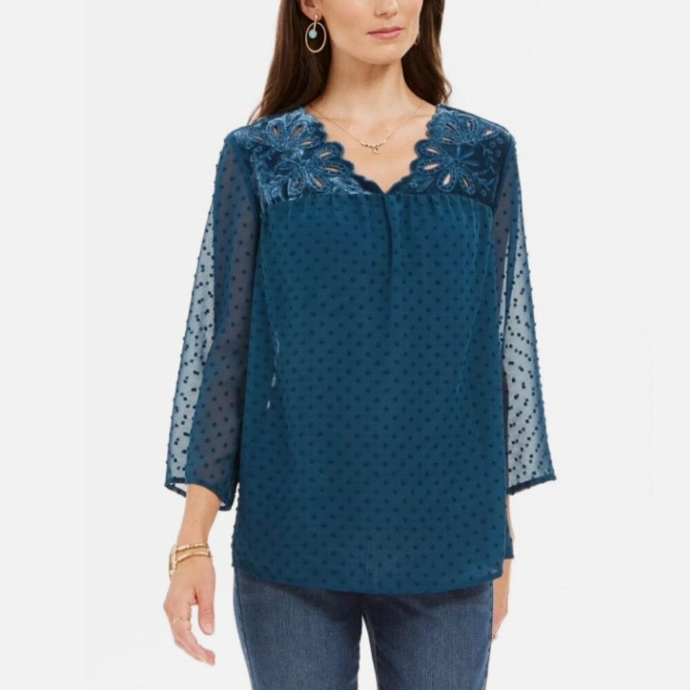 New Style & Co Large Blue Velvet Embroidered Detail Swiss Dot Chiffon Blouse